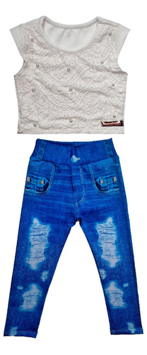 Conjunto Infantil Blusa Cropped + Calça Legging Imita Jeans