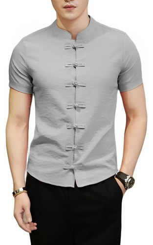 Camisa Hombre Cuello Mao Manga Corta Botón Chino - Bruce Lee