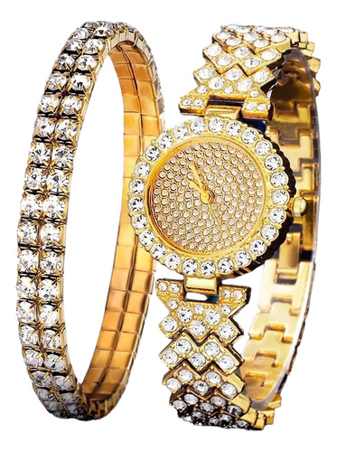 Reloj De Dama Con Piedras Color Dorado Cuarzo Elegante 