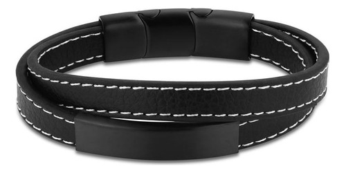 Pulseira Life Masculina Pesponto Aço E Couro Preto 19,5 Cm Comprimento 19.5 Cm