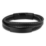 Pulseira Life Masculina Pesponto Aço E Couro Preto 19,5 Cm Comprimento 19.5 Cm