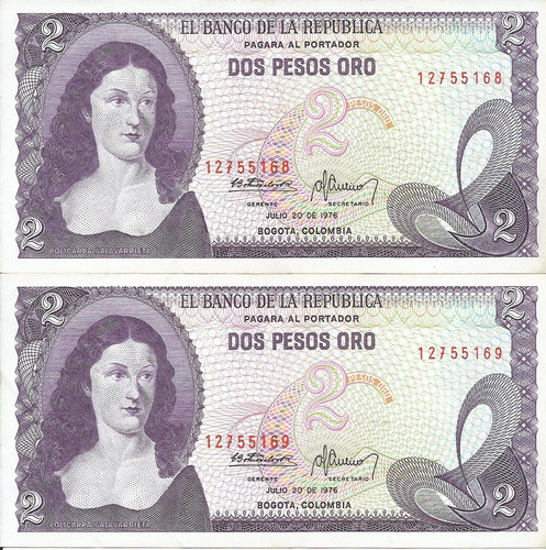 Colombia Dúo Consecutivos, 2 Pesos Oro 20 Julio 1976
