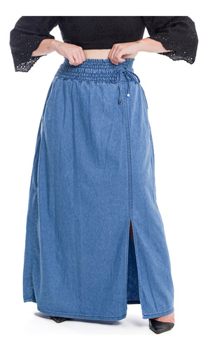Saia Longa Jeans Com Lastex Moda Evangelica Plus Size S3949