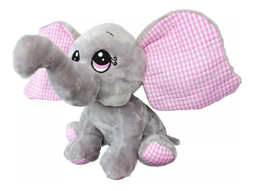 Elefante De Pelúcia Cinza Com Orelha Rosa 30cm Qualidade
