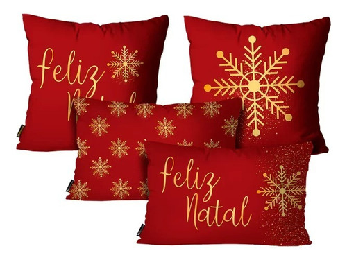 Kit 4 Capas Almofadas Natalinas Feliz Natal Vermelha 45x45cm