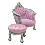 Sillón Princesa Cedro Plata Y Tapiz Rosa Con Taburete Fino 