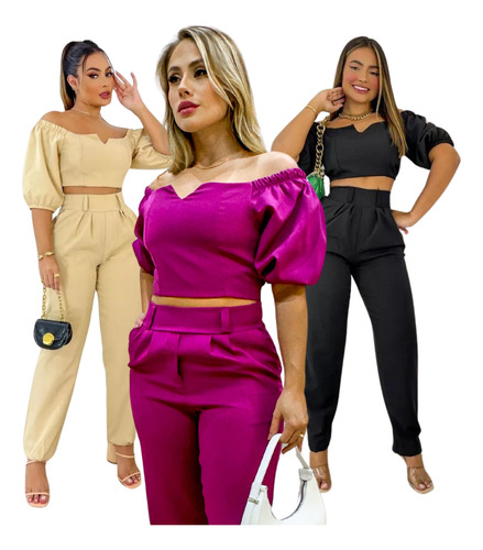 Conjunto Feminino Calça Alfaiatária Cropped Luxo Lançamento