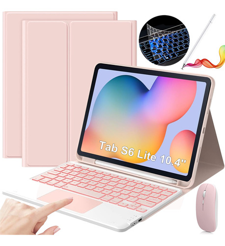 Funda Teclado Mouse+ Lapiz Para Galaxy Tab S6 Lite 10.4 Rosa