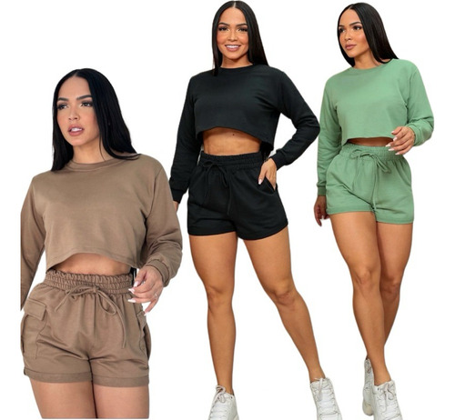 Conjunto Cropped Manga Comprida Short Cargo Moletinho Invern