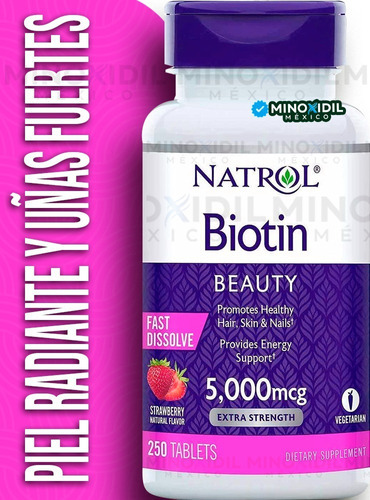 Natrol Biotin Beauty 5000mcg Para Pele, Unhas, Cabelo, 250 Sabores De Morango