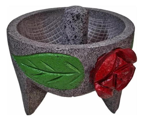 Molcajete Artesanal Con Rosa Piedra Volcánica 10 Pulgadas 