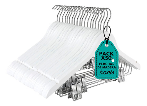 Pack X50 Perchas De Madera Blanca Con Broches Por Mayor