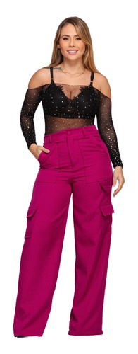 Calça Feminina Wide Leg Alfaiataria Pantalona Cargo Tendênci