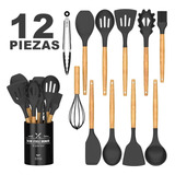 Set X12 Kit Utensilios De Cocina Mango Madera Punta Silicona