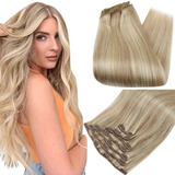 Extensiones Cabello Humano 100gr 14in 7pz Rubio Con Reflejos