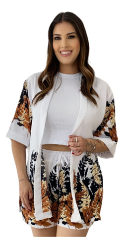 Conjunto Feminino Cardigan Kimono E Shorts Blogueira Premium
