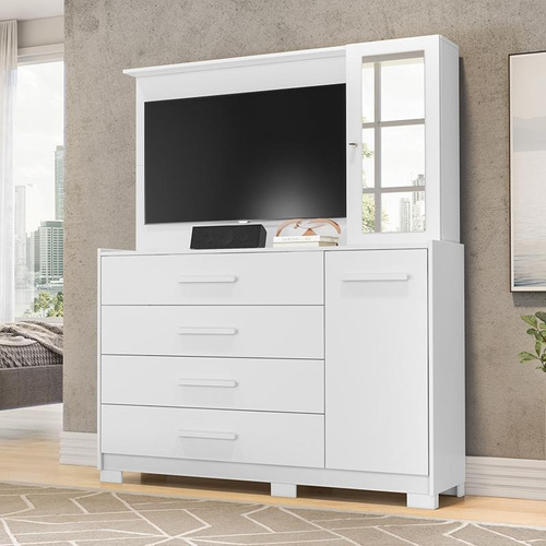 Cômoda Quarto Com Painel Para Tv Ilhabela 4 Gavetas 2 Portas