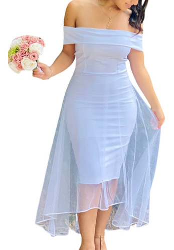 Vestido Midi Tubinho Gliter Tule Noiva Casamento Civil Cod.