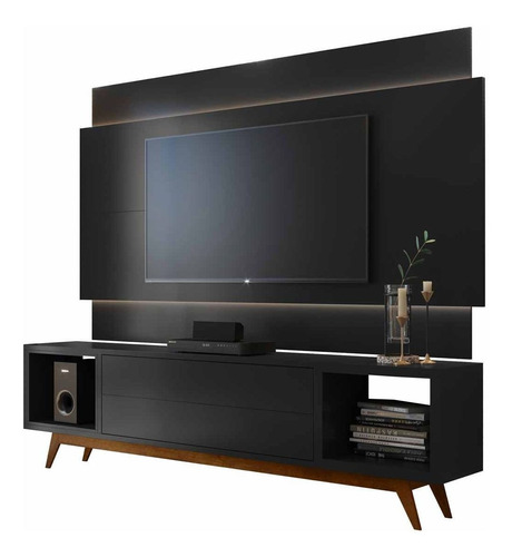 Rack Com Painel P/ Tv 50 55 C/ Led Lcd Preto Pé Palito 2.2