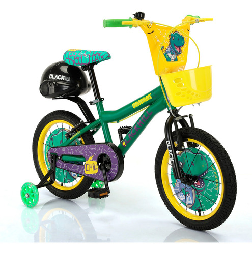 Bicicleta Infantil Blackhill Dinosaurex R16 Color Verde/amarillo Con Ruedas De Entrenamiento Led.