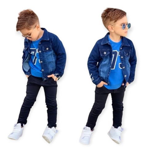 Kit Jaqueta Casaco Jeans Infantil + Calça Jeans Preta Menino