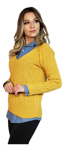 Blusa Suéter Feminino Tricot Gola V Outono Inverno