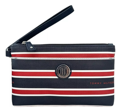 Cartera Clutch Para Mujer Tommy Hilfiger Rayas Azul Con Rojo