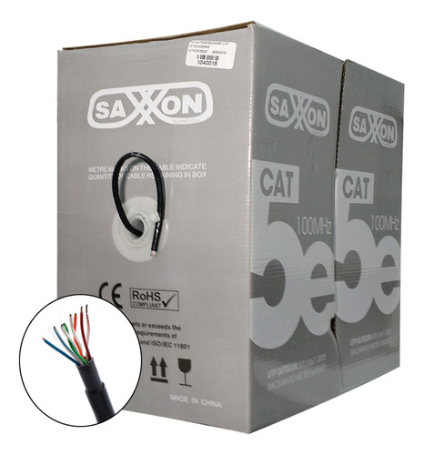 Bobina Cable Utp Saxxon 100% Cobre Cat5e 305m Negro Exterior