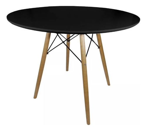 Mesa 90cm Eiffel Redonda Pés De Palito Eames Madeira 15 Mm Tampa Preto