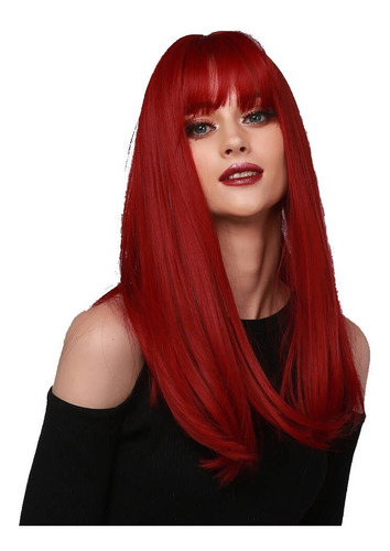 Peluca Cabello Con Fleco Pelo Larga Lacio Rojo Fibra Cosplay