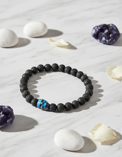 Pulsera Cráneo Azúl Swarovski Original Con Piedra Volcánica