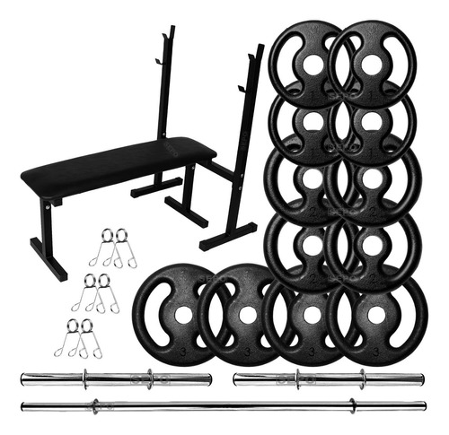 Kit Musculação Banco Supino 24kg Anilhas Barras 40cm E 1,50m