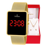 Relógio Champion Feminino Digital Quadrado Dourado Led Cor Do Fundo Led Vermelho