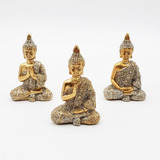 Trio Mini Budas Hindu Sabedoria Decorativo De Resina