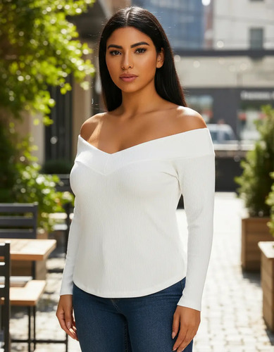 Blusa Dama Escote Hombro Caído Sexy Casual Rib Brush Premium