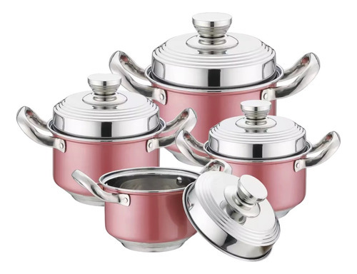 Juego 4 Ollas 8 Piezas Acero Inoxidable De Cocina Cacerola Rosa