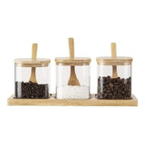 Set X3 Frascos Vidrio Tapa Bambu Bandeja Cucharas Especiero