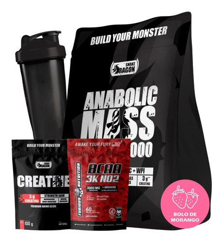 Kit Anabolic Mass C/ Creatina 3kg + Bcaa + Creatine + Shaker Sabor Bolo De Morango