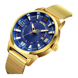 Reloj Analógico Skmei Quartz Calendar Para Hombre Color De La Correa Dorado Color Del Fondo Azul