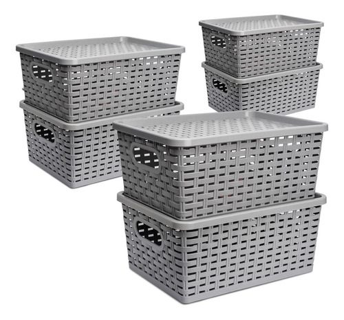 Set X6 Cajas Organizadoras Con Tapa Canasta Mimbre Plástico 