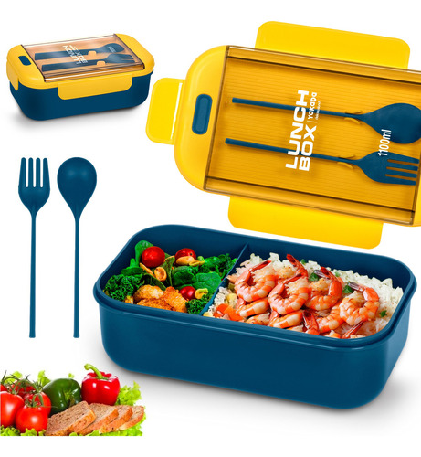 Lunch Box Bento Lonchera Térmica 1.1 L Con Cuchara Tenedor Color Amarillo Lunch Box Rectangular