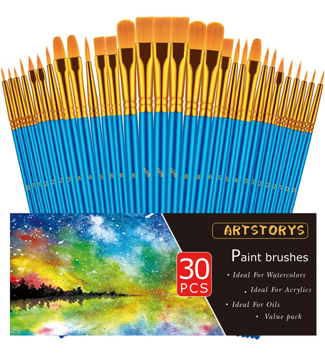 Set De 30 Pinceles Para Pintura Acrílica, Acuarela Y Óleo