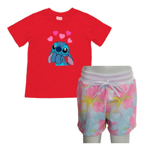 Conjunto Camisa Infantil Lilo Stitch Com Bermuda Feminina