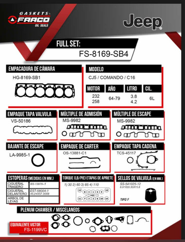 Kit Juego De Empacaduras Jeep Cj5 Cj7 Wagoneer Motor 258 Foto 2