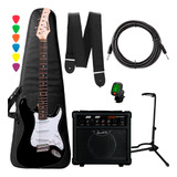 Kit Guitarra Iniciante Strato Preta + Ampli Capa Acessórios