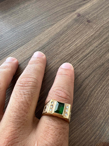 Anel Masculino Ouro 14k Pedra Verde Com Zircônias Tamanho 27