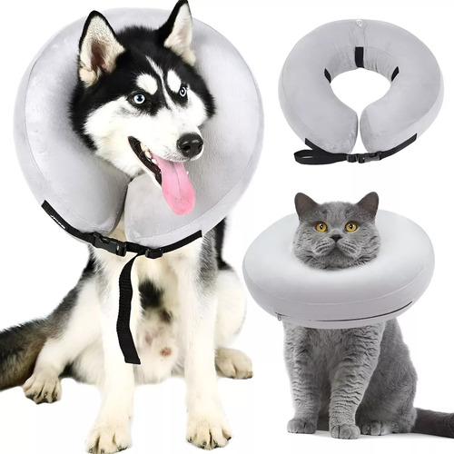 Collar Isabelino Inflable Protector Mascotas Anti Mordida Perros Gatos Talla M Color Gris 