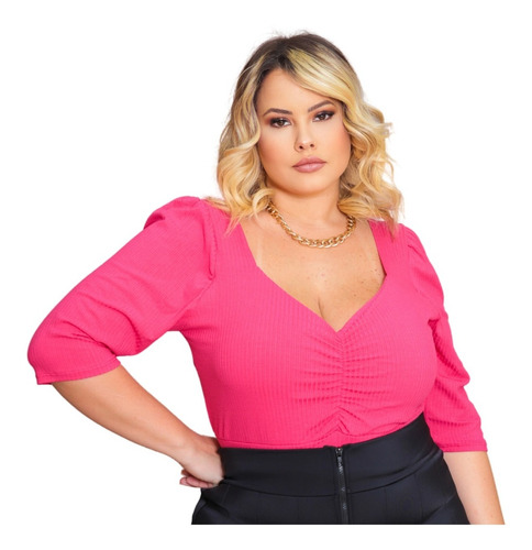 Cropped Com Decote Franzido Em Malha Canelada Plus Size