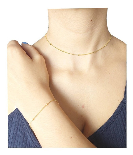 Conjunto Colar Choker E  Pulseira Bolinha Banhado A Ouro