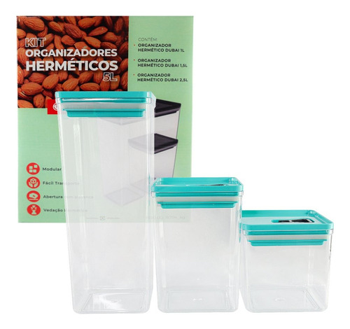 Kit Organizador Hermético Dubai Verde Tiffany 5 Litros